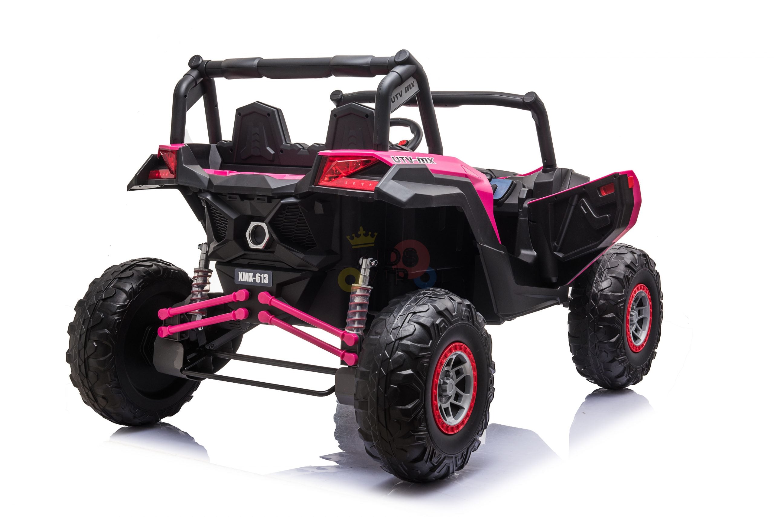 The Pink XXL 2 Seats Challenger MX Buggy 24V Edition is a ride-on car for kids, featuring sporty suspension and rugged rubber wheels, perfect for adventurous children and stylishly displayed on a pristine white background.