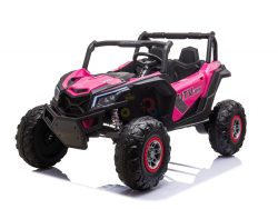 The Pink XXL 2 Seats Challenger MX Buggy 24V Edition is a kids ride-on car/UTV with RC, featuring large rubber wheels, an open roll cage, and playful decals on a sporty exterior against a white background. Perfect for adventurous children.