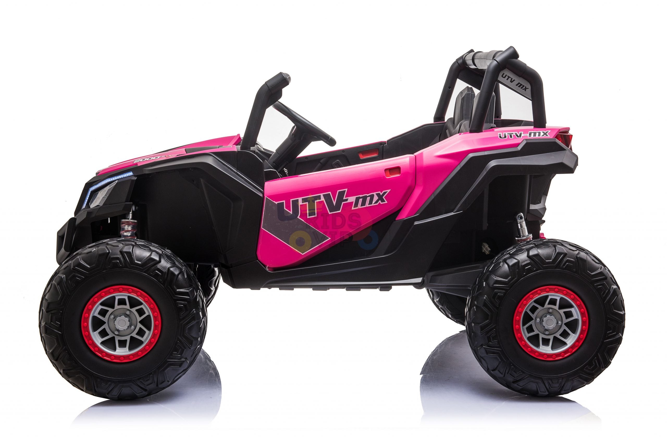 The Pink XXL 2 Seats Challenger MX Buggy 24V Edition Kids Ride On Car/UTV with RC features large rubber wheels, an open-top cabin, and UTV mx on its side, all showcased against a white background.