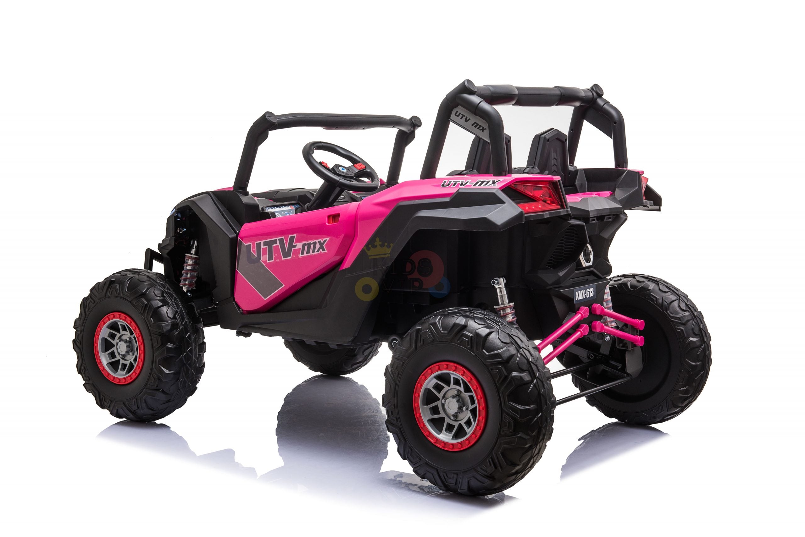 A Pink XXL 2 Seats Challenger MX Buggy 24V Edition Kids Ride On Car, featuring rubber wheels and detailed side mirrors, with a sporty off-road design and steering wheel, is shown on a white background.