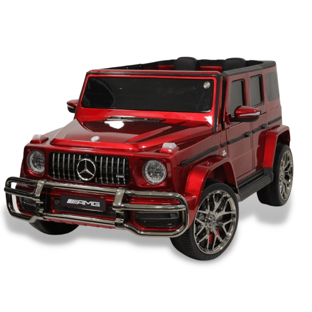 A shiny red toy car mimicking a Mercedes-Benz SUV, the Special LED Edition 24V Kids Ride-On has detailed headlights, a chrome grille, AMG branding, realistic wheels, and offers a luxury appearance with its spacious design.