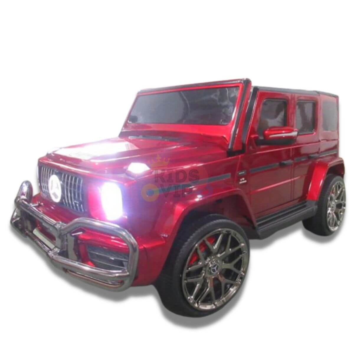 The Special LED Edition 2 Seats 4WD 24V Mercedes G Series Complete Kids Ride On w/RC is a red toy SUV featuring illuminated headlights, chrome accents, and detailed design elements like a grille and bumper, with large wheels and an optional remote control for parental safety.