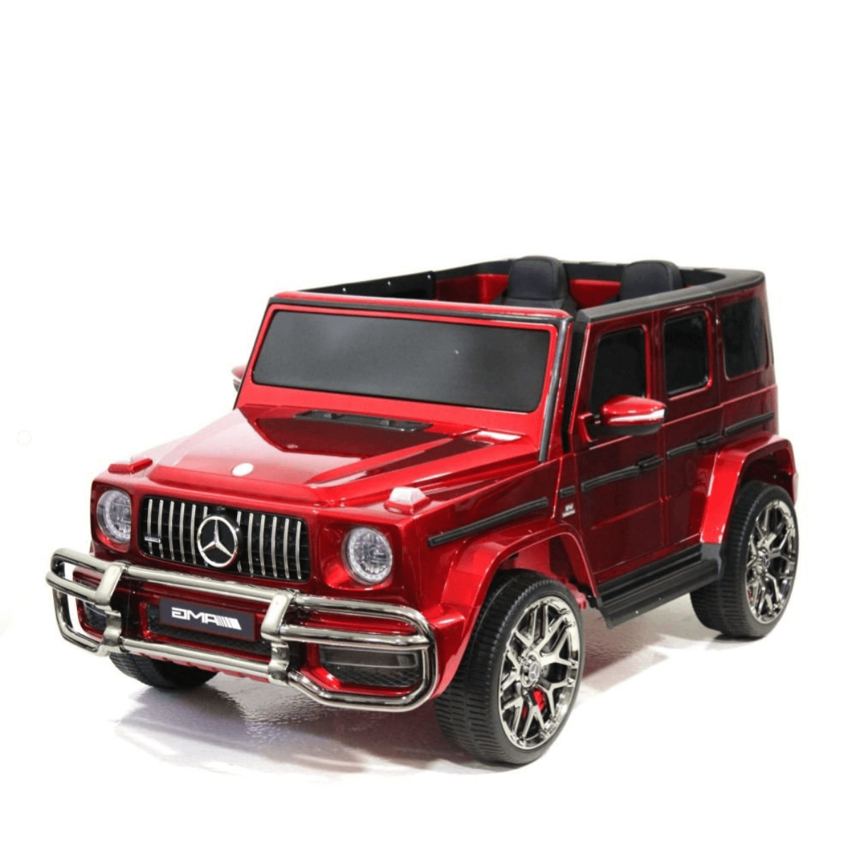 The Special LED Edition 2 Seats 4WD 24V Mercedes G Series Complete Kids Ride On w/RC is a realistic sports SUV for kids with chrome accents, a front grille, side mirrors, visible interior seats, and detailed wheels. It includes a parental remote control for safety.