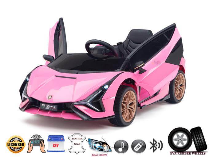 The Official 12V Sport Edition Lamborghini Sian Kids Ride-On Car is pink with open scissor doors, a sleek black interior, and brown wheels. It features licensed icons, a leather seat, EVA rubber wheels, lights and sounds, USB connectivity, Bluetooth capabilities, and a powerful 12V battery.