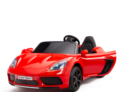 A red 24V XXL SuperSport Big Kids Ride On Car, featuring sleek curves, black detailing, a steering wheel, and an open drivers side door. The front license plate reads Super Sport, powered by a 180W brushless motor with real tires for thrilling rides.