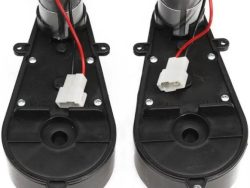 Two front gears with black plastic housings, silver cylindrical tops, and red and black wires with white connectors are designed for a Mercedes GTR-2 Seat ride-on car. Each features a circular mounting point and multiple screws on the housing, positioned side by side.
