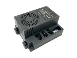 The black 24V 6X6 G63 Receiver is a rectangular device with a vented top and side ports, designed for ride-on cars. It has mounting brackets, printed safety info in white text, and displays CE and recycling symbols.