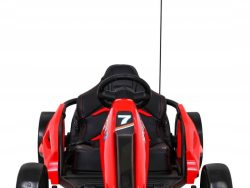 A Red 24V Ultra-Violent Big Kids Complete Edition Drifting Go-Kart is shown from the front, featuring a black seat and steering wheel. A flag with its logo and number 7 adorns it, while wide black wheels enhance its sporty design for young speed enthusiasts.