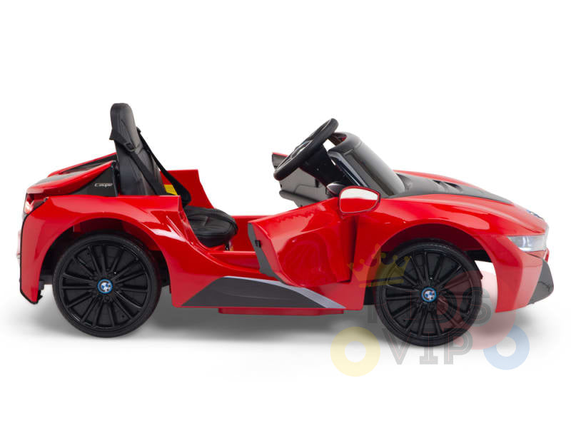 The Red Licensed Sport BMW I8 12V Kids Ride-On Power Car features black seats and wheels, an open-top design, detailed interior, sleek modern lines, and can be controlled by a parental remote control.