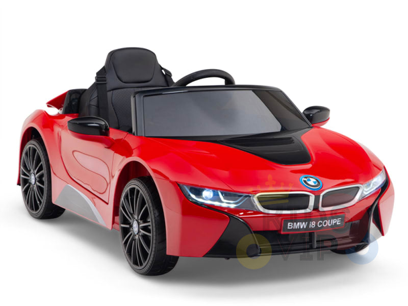 The Red Licensed Sport BMW I8 12V Kids Ride On Power Car replicates the iconic BMW i8 Coupe with sleek lines, black seats, and detailed front lights. Set against a white background, it includes parental remote control for safe playtime fun.