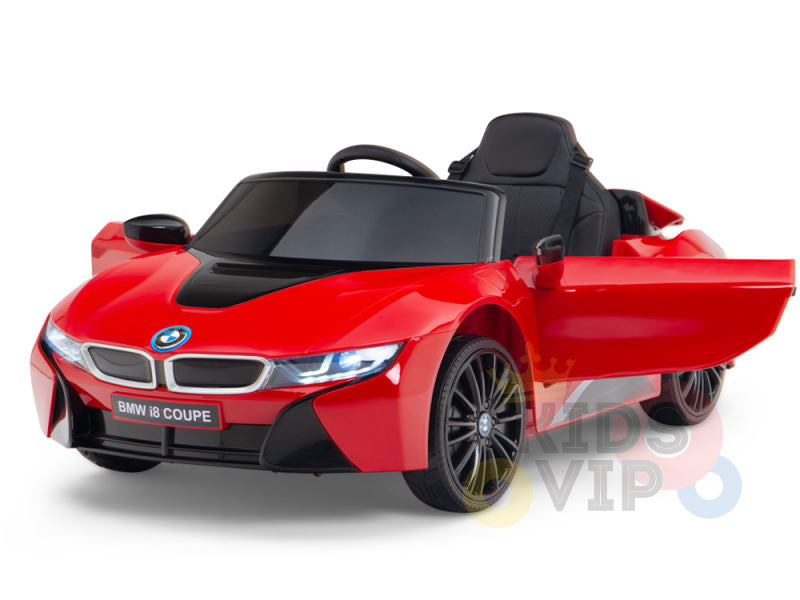 The Red Licensed BMW I8 12V Kids Ride On Power Car features a sleek design with open gullwing doors and a black interior. This exciting electric toy car comes equipped with a parental remote control for safe fun.