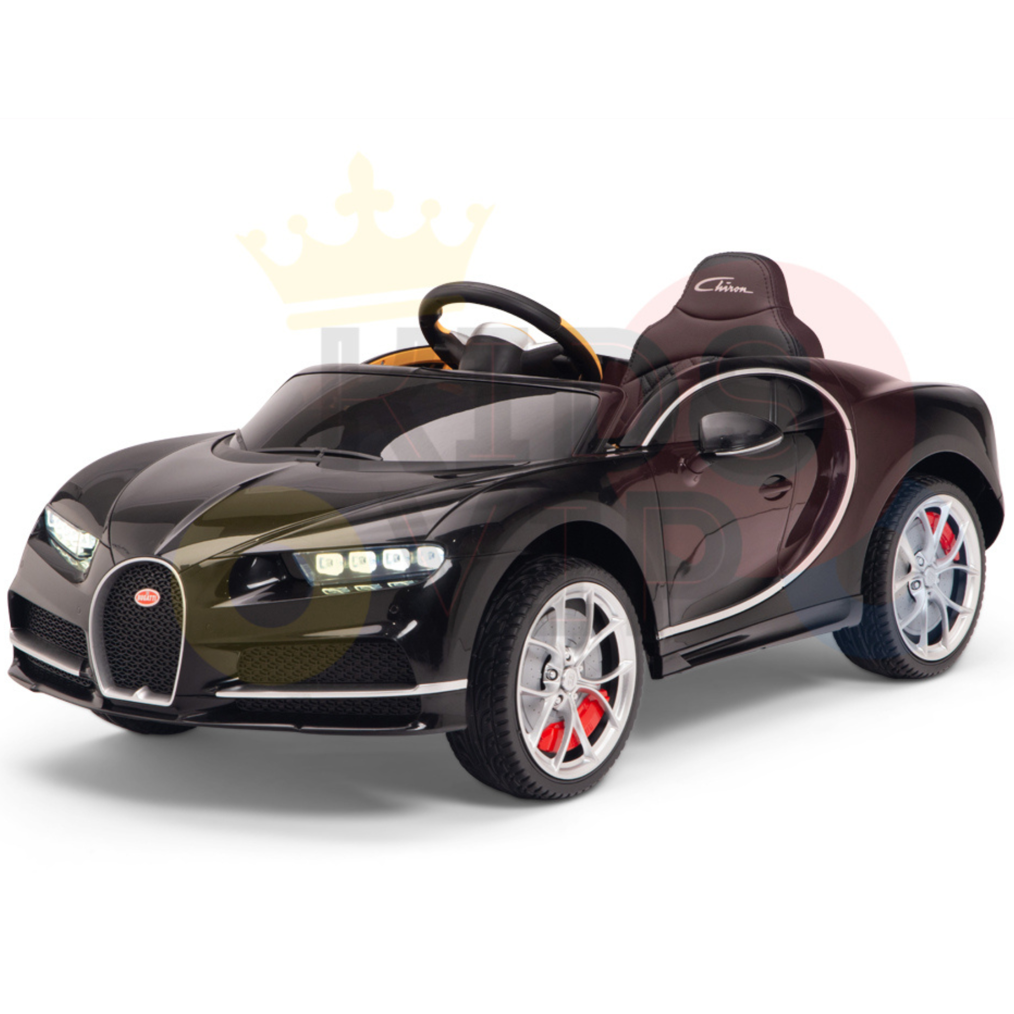 This 12V Black Bugatti Chiron Kids Licensed 1 Seater Ride On Car features sleek curves, detailed headlights, a visible front grille, silver wheels with red accents, and a hood logo. With rubber wheels and remote control, it exudes elegance and flair akin to the luxury sports car.
