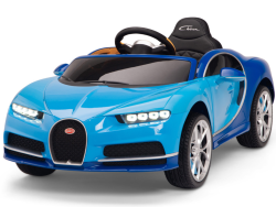 The Blue 12V Bugatti Chiron Kids Licensed Ride On Car features rubber wheels, a black steering wheel, and detailed headlights. It has a sleek design with Chiron printed on the black headrest of the drivers seat.