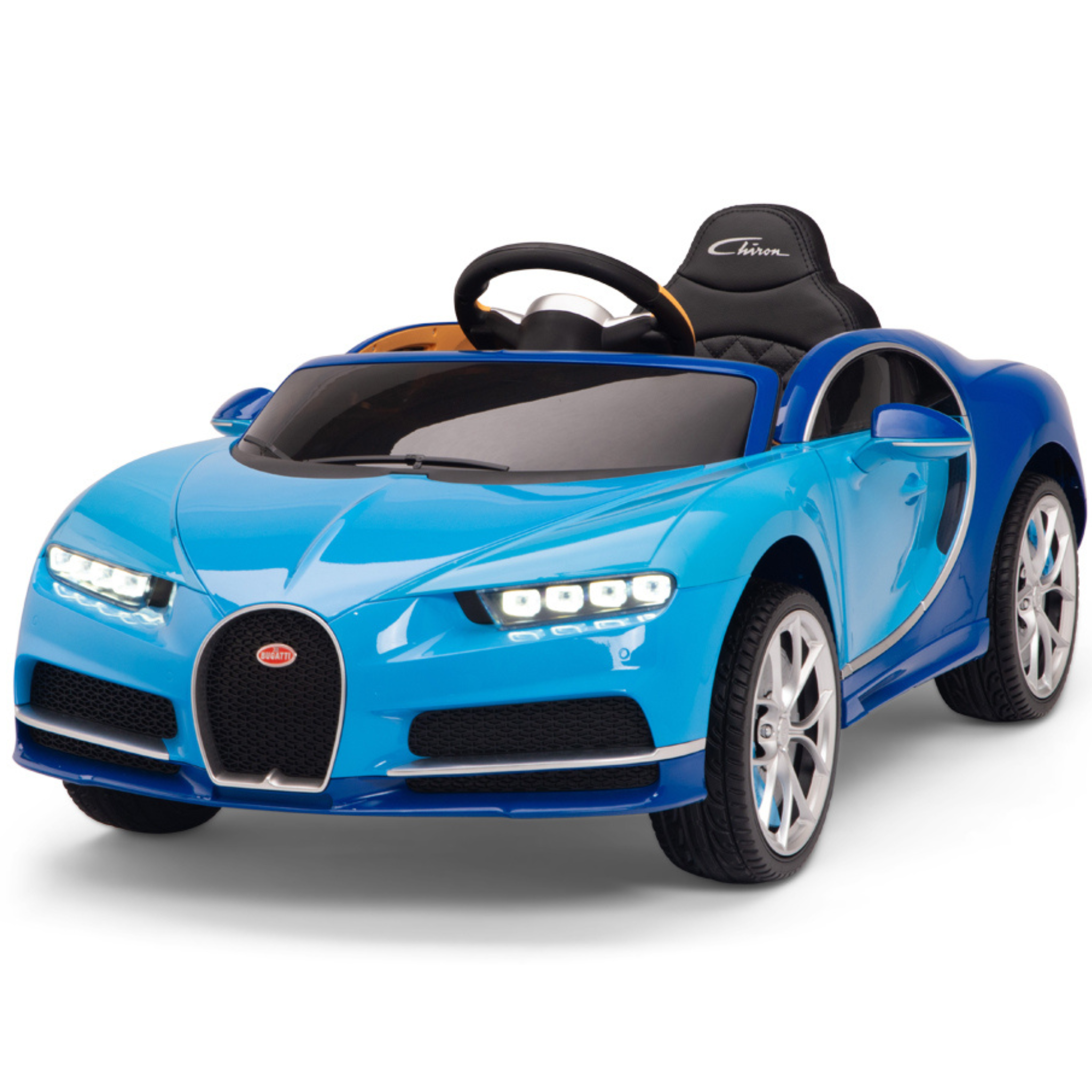 The Blue 12V Bugatti Chiron Kids Licensed Ride On Car features rubber wheels, a black steering wheel, and detailed headlights. It has a sleek design with Chiron printed on the black headrest of the drivers seat.
