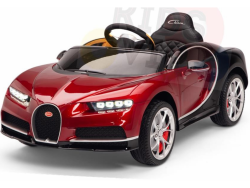 The Red 12V Bugatti Chiron Kids Licensed 1 Seater Ride On Car features a sleek sports-car design, detailed front grille, four headlights, black steering wheel, visible interior, and striking silver rims with red accents on Eva rubber wheels.