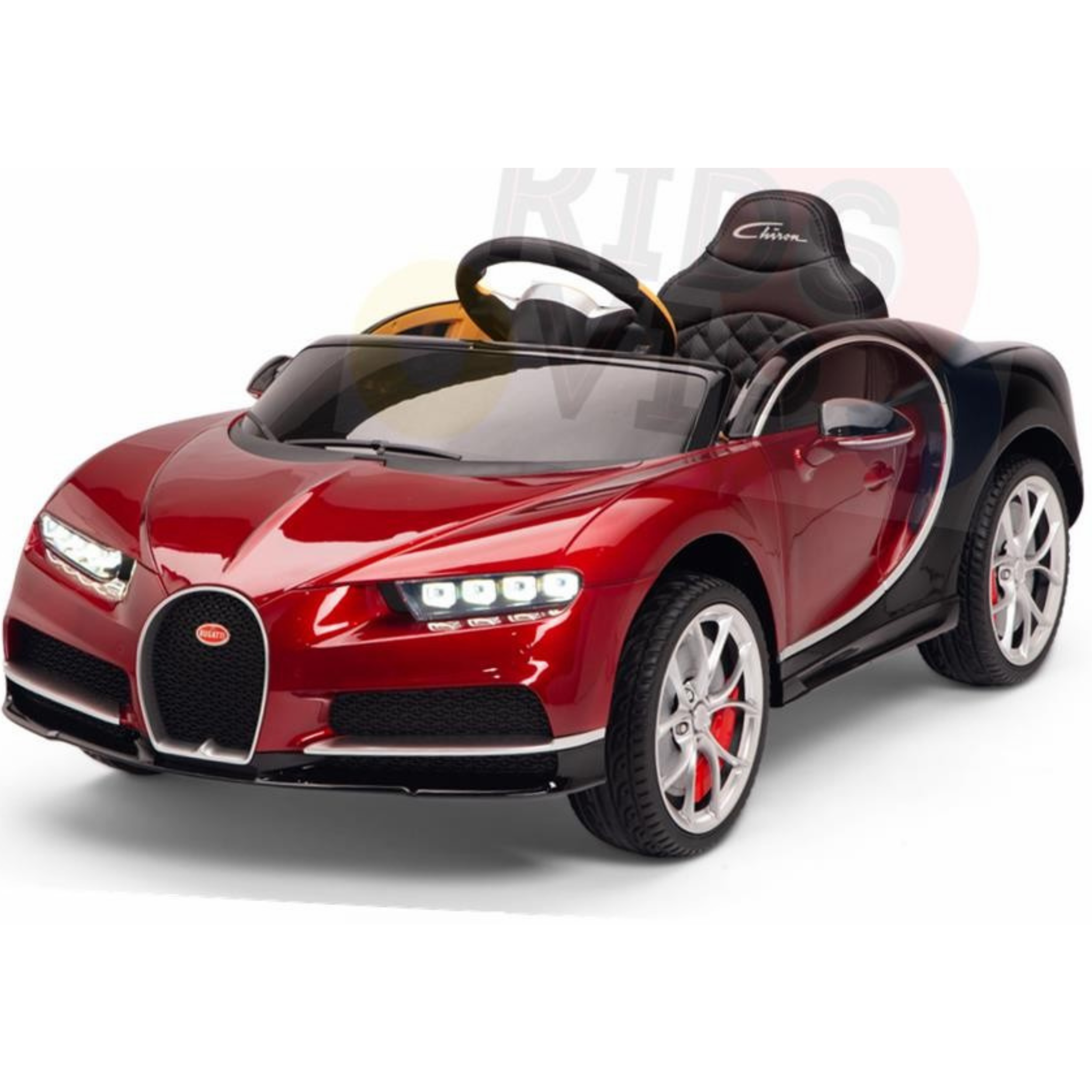 The Red 12V Bugatti Chiron Kids Licensed 1 Seater Ride On Car features a sleek sports-car design, detailed front grille, four headlights, black steering wheel, visible interior, and striking silver rims with red accents on Eva rubber wheels.