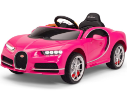 The Pink 12V Bugatti Chiron Kids Licensed Ride-On Car offers a luxury sports car design with sleek curves, a black seat, realistic details, rubber wheels for durability, front headlights, and a small steering wheel.