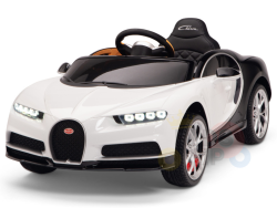 The White 12V Bugatti Chiron Kids Licensed 1 Seater Ride On Car boasts a sleek design with black seats, detailed headlights, red wheel accents, rubber wheels for a smooth ride, and offers both child-sized steering and pedals alongside remote control for enhanced safety.