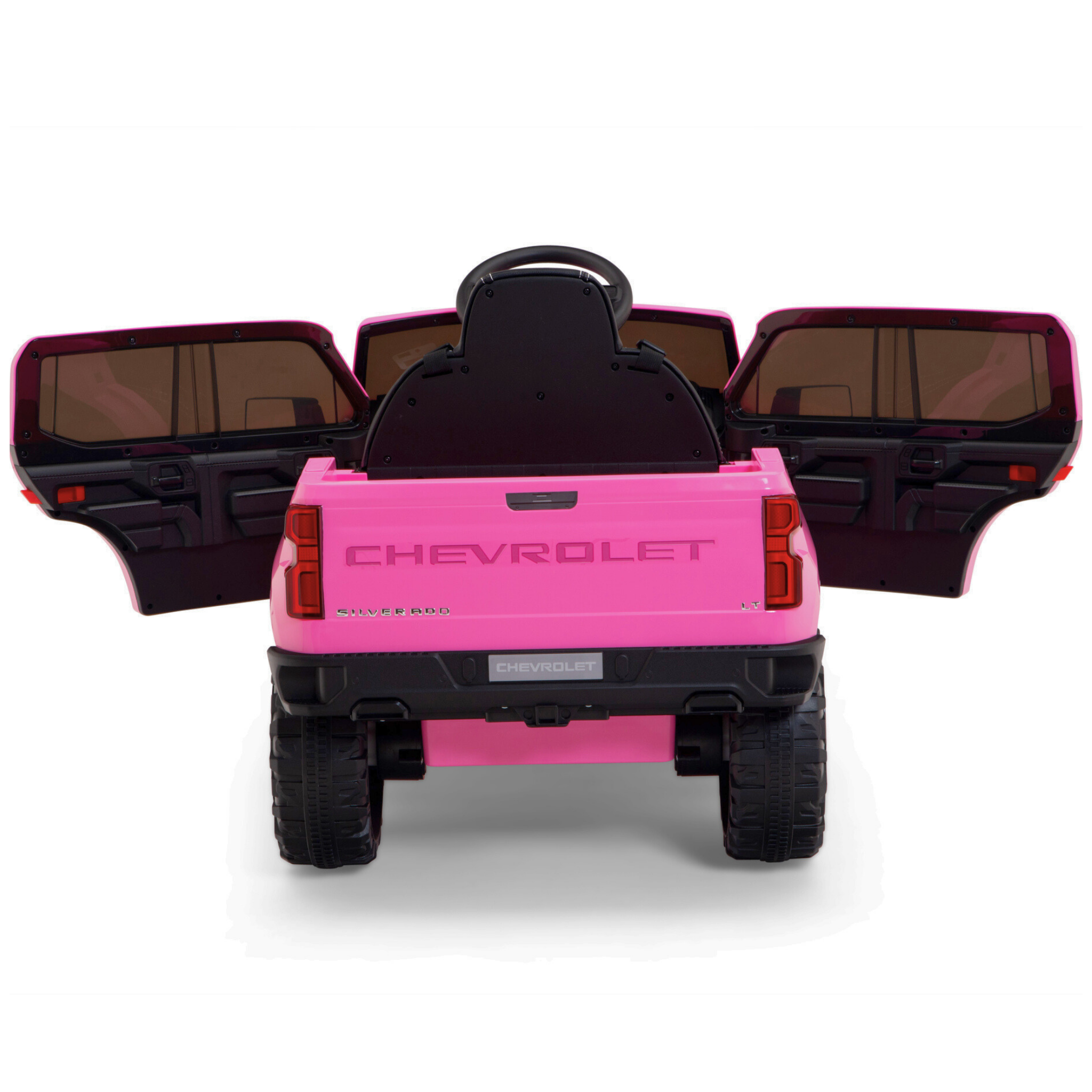 The Pink 12V Chevrolet Silverado Kids Licensed Ride-On Truck features black wheels, tinted windows, rear view with closed tailgate and open doors. This one-seater includes a remote control for extra fun.