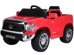 The Red 12V Licensed Upgraded Toyota Tundra 1 Seater Kids Ride On Truck features a realistic design with large wheels, steering wheel, side mirrors, black detailing, and a shiny finish. The parental remote control ensures safe playtime with the Toyota Tundra branding and realistic front grille.