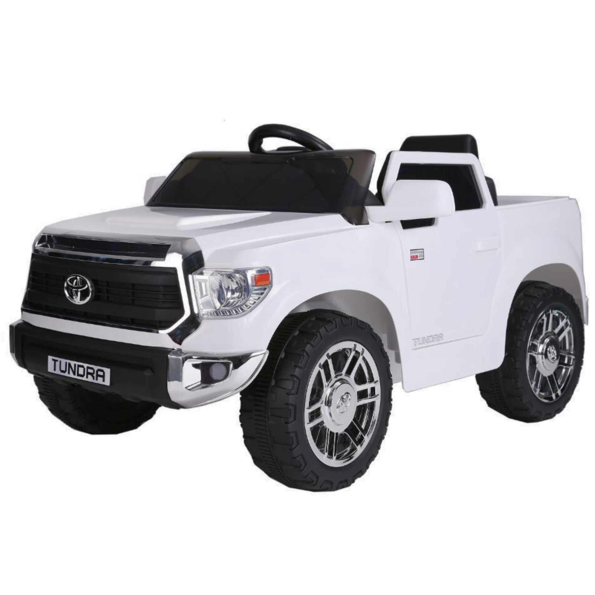 The White 12V Licensed Upgraded Toyota Tundra 1 Seater Kids Ride On Truck with RC features large wheels, a detailed grille, and side mirrors, providing children an adventurous ride in their own miniature pickup truck.