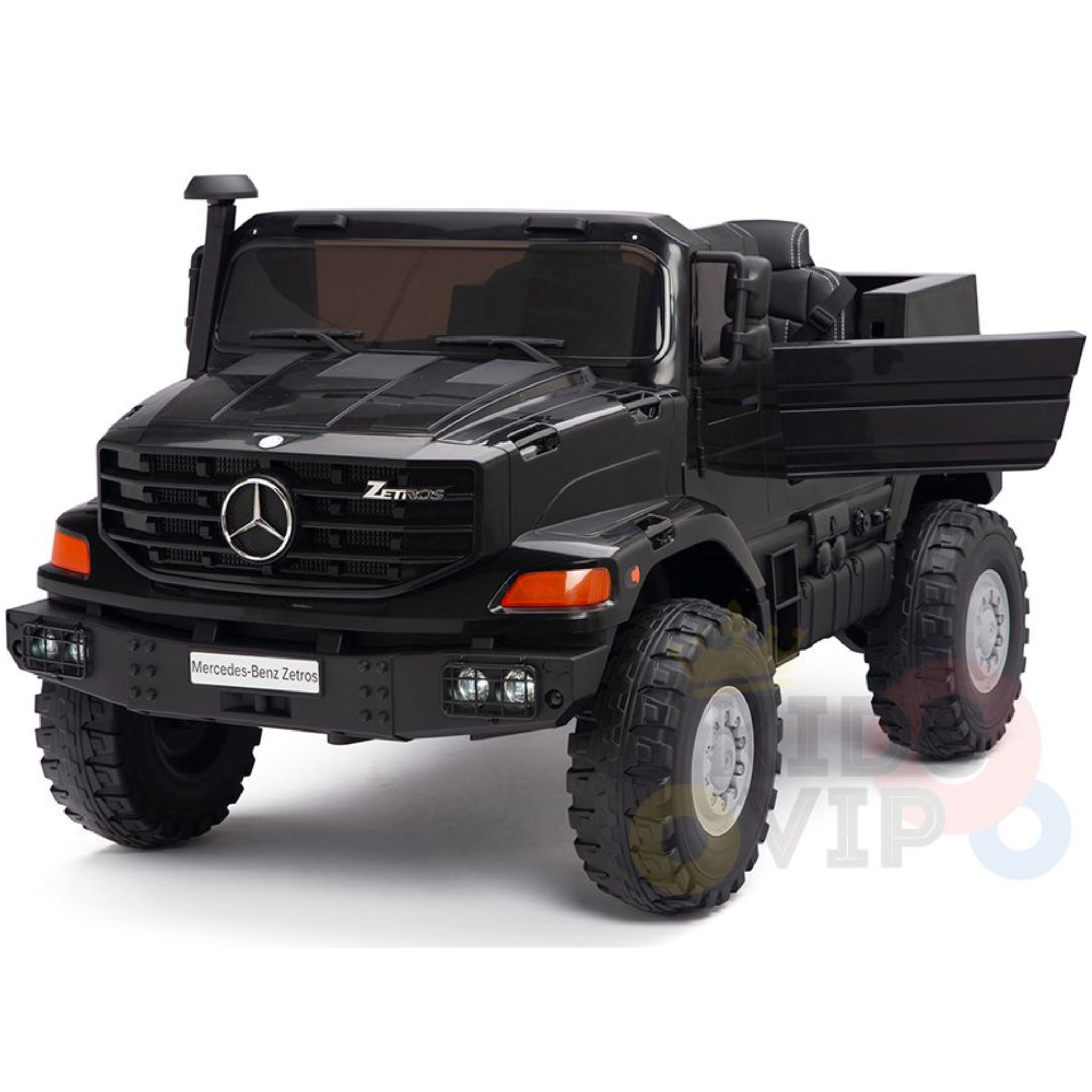 The Black 12V Mercedes Benz Zetros Kids 1 Seater Ride On Truck features large rubber wheels and detailed elements like headlights and grille, emulating a rugged off-road vehicle with the model name prominently displayed.