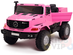 The Pink 12V Mercedes Benz Zetros Ride-On Truck for kids features rubber wheels, side mirrors, a detailed grille, headlights, and an open flatbed. Authentic branding and decals complete the look, all powered by a strong 12V12amp battery.