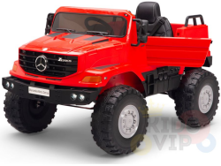 The Red 12V Mercedes Benz Zetros Kids Ride On Truck features a single seat, detailed grille, steering wheel, headlights, and an open bed. It has rubber wheels and includes a parental remote for safety.