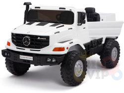 The White 12V Mercedes Benz Zetros Kids 1 Seater Ride On Truck features rubber wheels, a detailed front grille, bold headlights, open seating, a rear cargo area, and resembles a rugged off-road vehicle. Remote included for added control.
