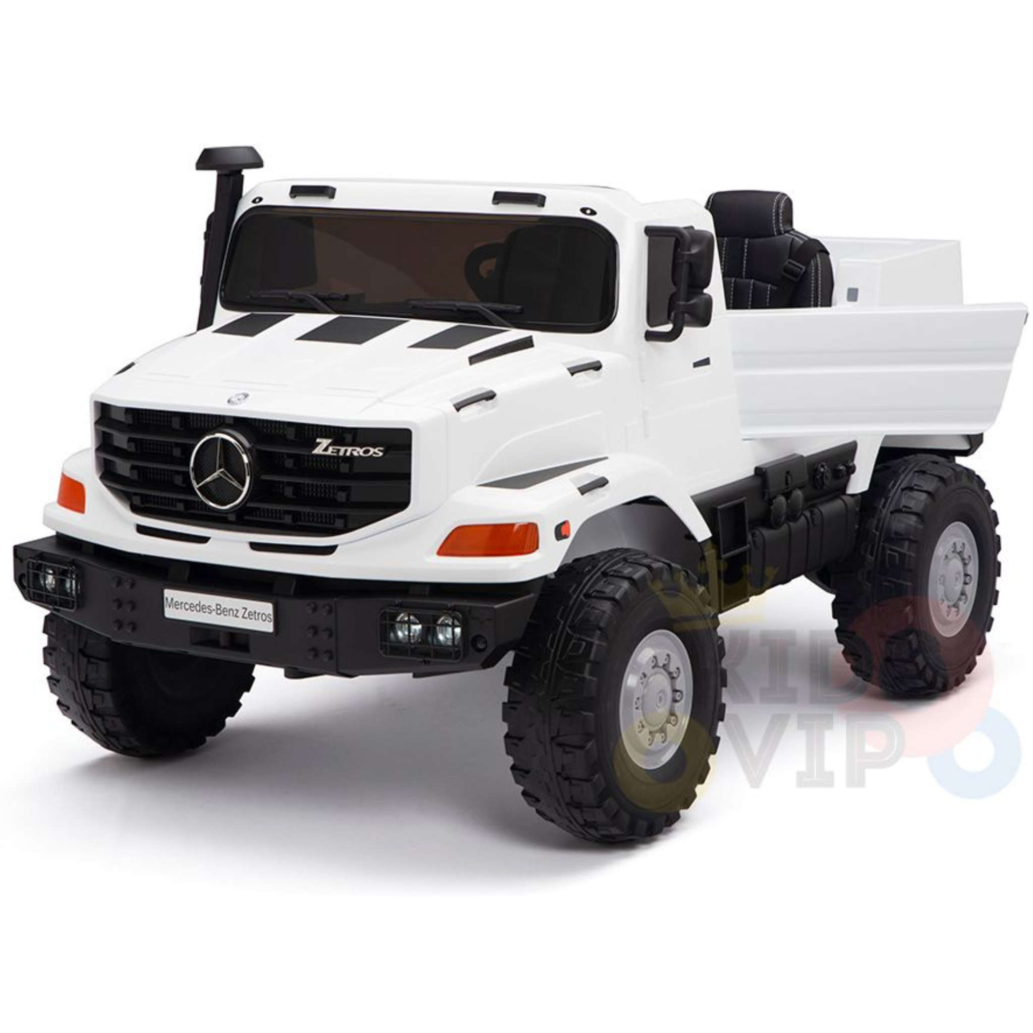 The White 12V Mercedes Benz Zetros Kids 1 Seater Ride On Truck features rubber wheels, a detailed front grille, bold headlights, open seating, a rear cargo area, and resembles a rugged off-road vehicle. Remote included for added control.