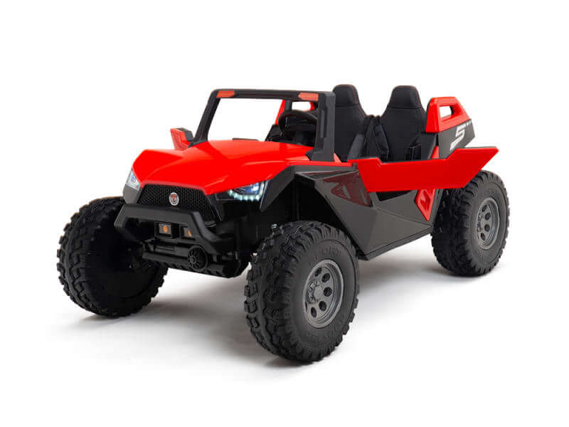 Check out the exciting 24V Dune Buggy with a rugged design featuring off-road tires, front grille, and two seats. Its sleek body has prominent fenders and angular lines for a sporty look. Visit kidsviponline now!.