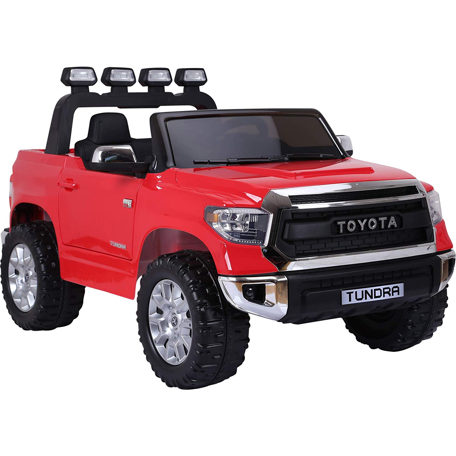 The Red 12v Licensed Toyota Tundra, 2 Seater Kids Ride On Truck with RC, is an adventure machine featuring large black wheels, a front grille with the Toyota logo, extra top lights, side mirrors, and an open top—perfect for little drivers.