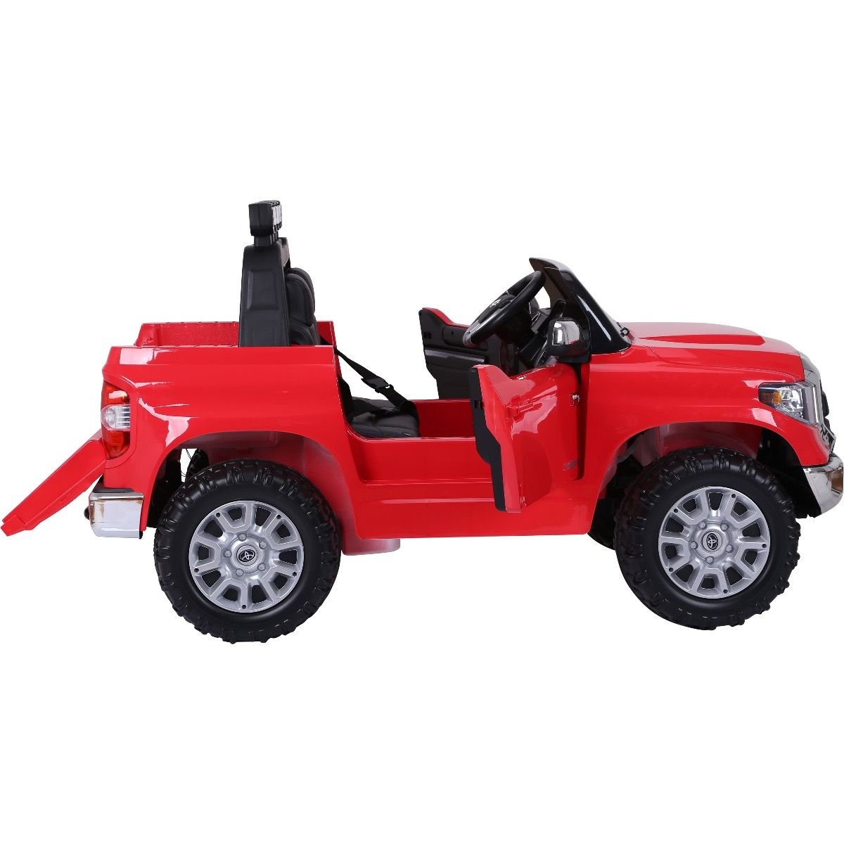 This red 12v licensed Toyota Tundra, 2-seater kids ride-on truck features an open drivers door and realistic details like wheels, mirrors, and a steering wheel. The upgraded Eva edition has an open tailgate and is shown in profile against a white background.