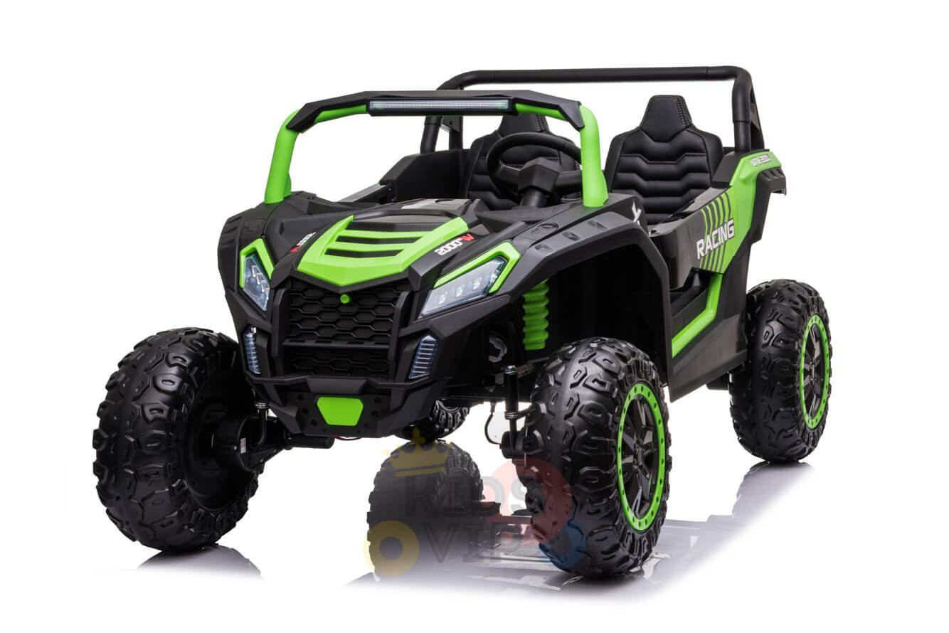 The 2 Seater XXL Blade BT 4WD Edition 24V Kids Ride On UTV features a sporty black and green design with side branding, large rugged wheels, and dual seats for an exciting off-road adventure, perfect for childrens outdoor play.