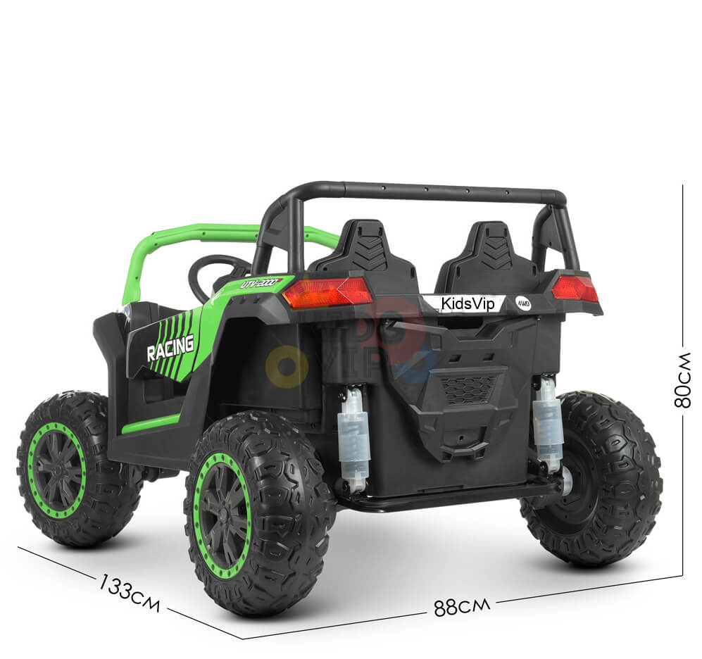 The 2 Seater XXL Blade BT 4WD Edition 24V Kids Ride On UTV, shown from the rear, is a green and black ride-on adorned with Racing and KidsVip logos. It has off-road tires, a roll bar, dual seats, and measures 133 cm long, 88 cm wide, and 80 cm tall.