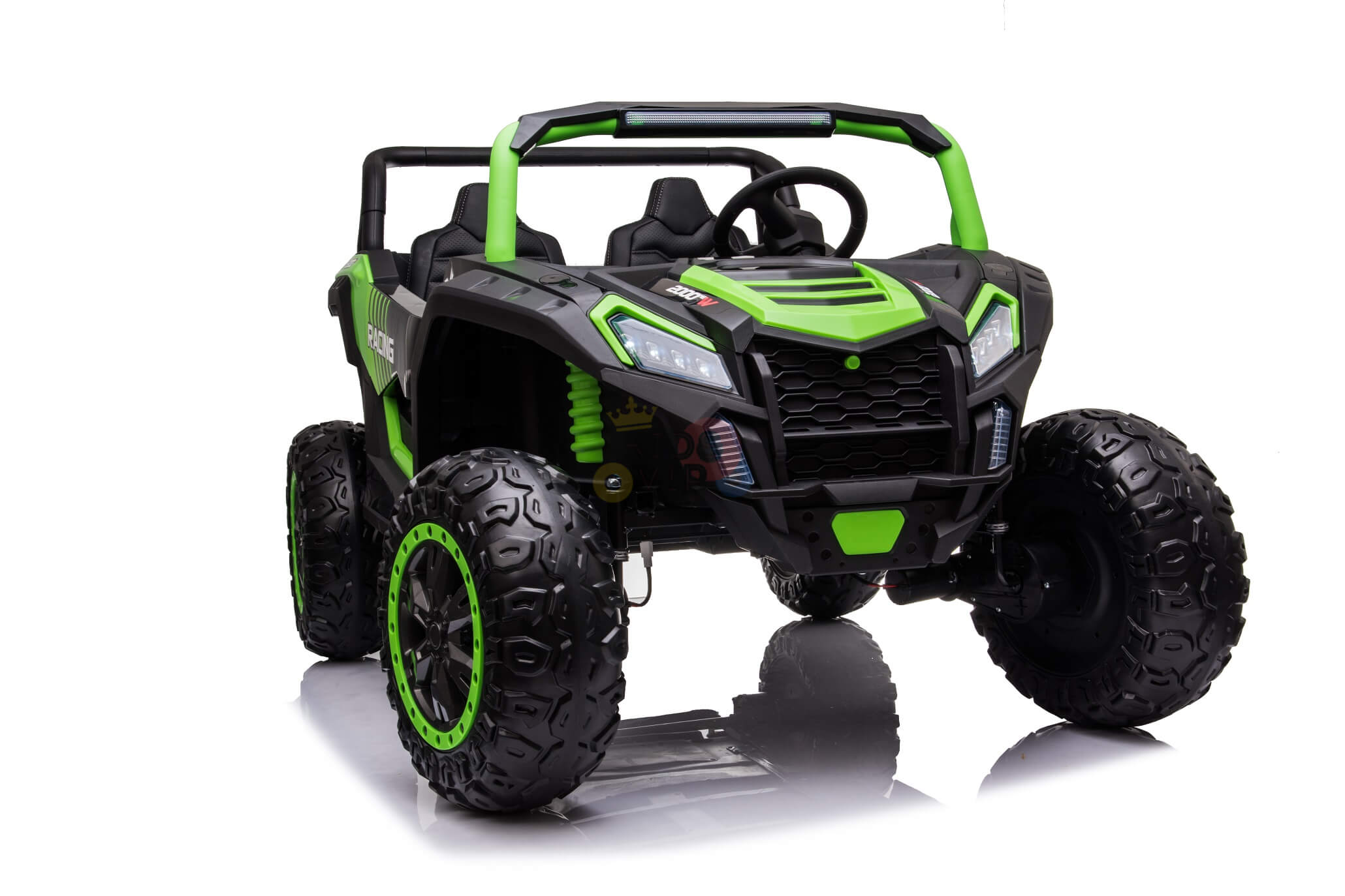 The 2 Seater XXL Blade BT 4WD Edition 24V Kids Ride On UTV is a green and black buggy with large, rugged wheels for off-road fun. It includes a roll cage, detailed front grille, sporty seats, and is showcased against a white background.