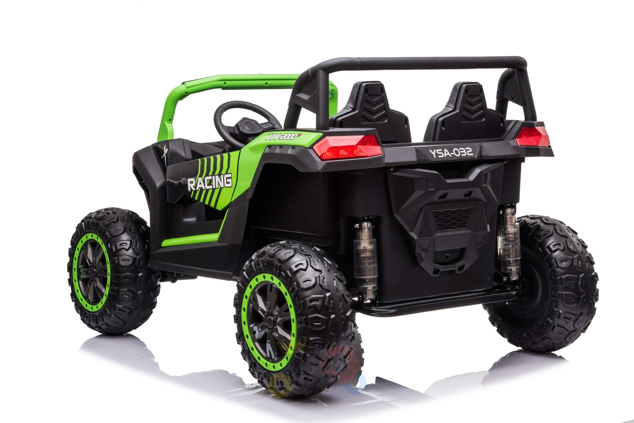 The 2 Seater XXL Blade BT 4WD Edition is a green and black electric ride-on UTV, styled like an off-road buggy with rugged tires and racing decals. Displayed from the rear-side on a reflective surface, it offers an exciting adventure for young explorers.
