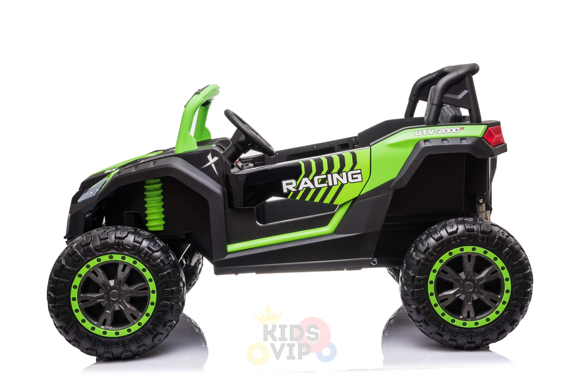 The black and green 2 Seater XXL Blade BT 4WD Edition, a Kids Ride-On UTV Buggy, features large tires, racing decals, and UTV-R230 on its side for an exhilarating off-road experience against a white background.