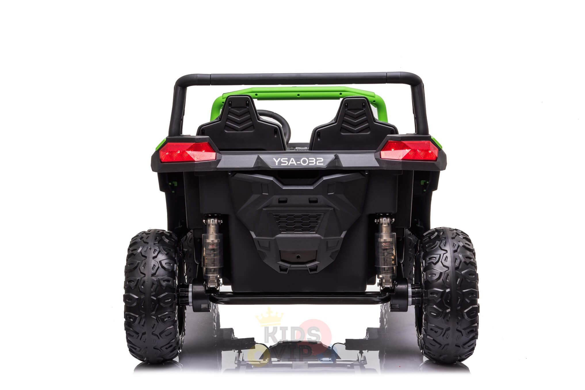 A rear view of the black 2 Seater XXL Blade BT 4WD Edition 24V Kids Ride On UTV shows large rugged wheels, green accents, a visible steering wheel through the windshield, and red rear lights. The model YSA-032 promises an exhilarating off-road experience.