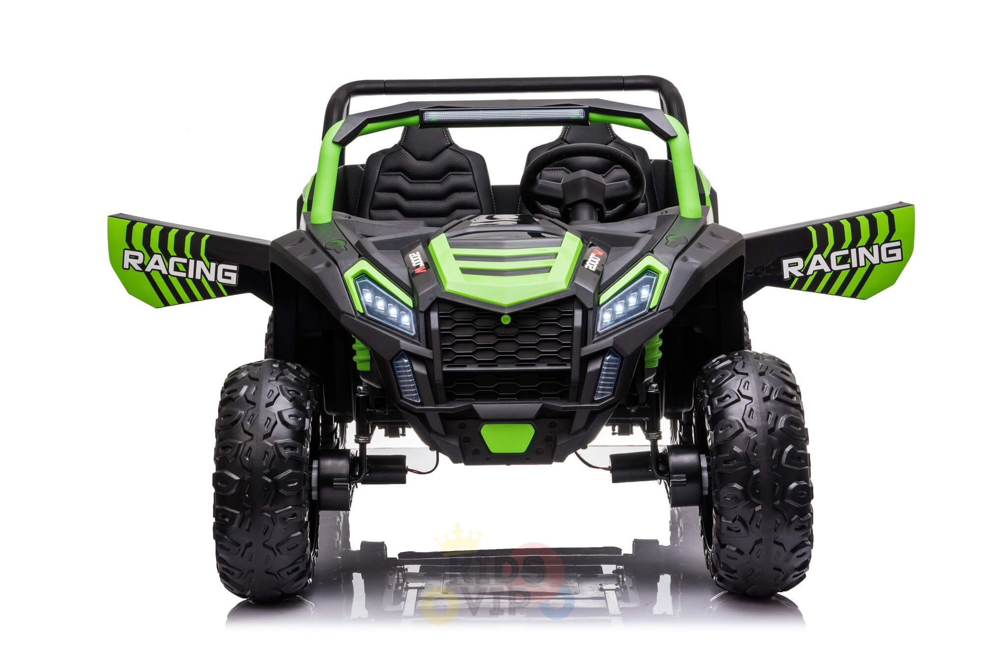 The 2 Seater XXL Blade BT 4WD Edition 24V Kids Ride On UTV boasts lime green and black colors, large rugged tires, racing decals, and a sporty design. This ride-on cars off-road-ready look resembles a miniature dune buggy built for adventure.