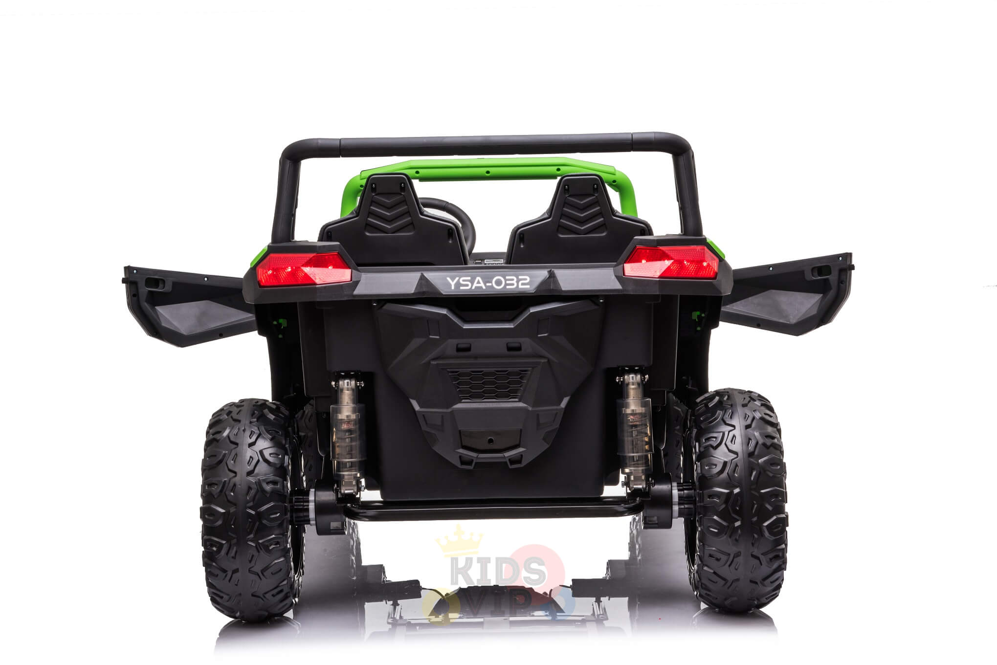 The 2 Seater XXL Blade BT 4WD Edition 24V Kids Ride On UTV, Buggy with RC offers an exciting off-road experience for kids. It features large tires, a green roll cage, and two seats, with the model number YSA-032 prominently displayed above the back bumper.