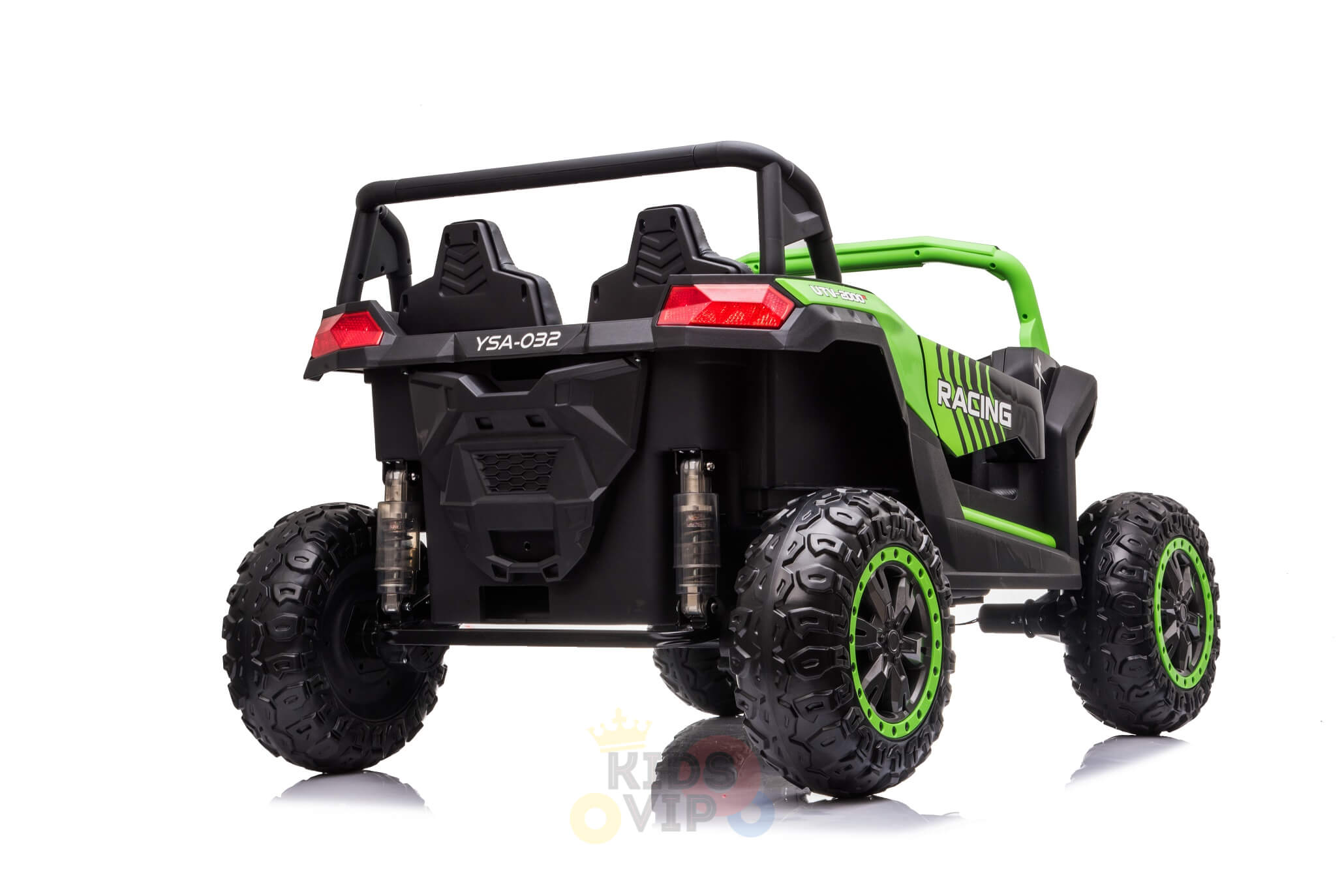 The 2 Seater XXL Blade BT 4WD Edition 24V Kids Ride On UTV showcases an off-road thrill with its sporty design and rugged wheels. It features a sleek black and green color scheme, a roll bar, RACING on the side, and is displayed from behind at an angle against a white background.