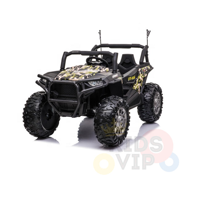 The ARMY/Green 2 Seats UTV Adventure Complete Edition is a 24V Kids Ride On UTV, featuring large rugged tires, camouflage body, open-top, roll cage, leather seats for comfort, rear flags, and a parental remote for safe exploration.