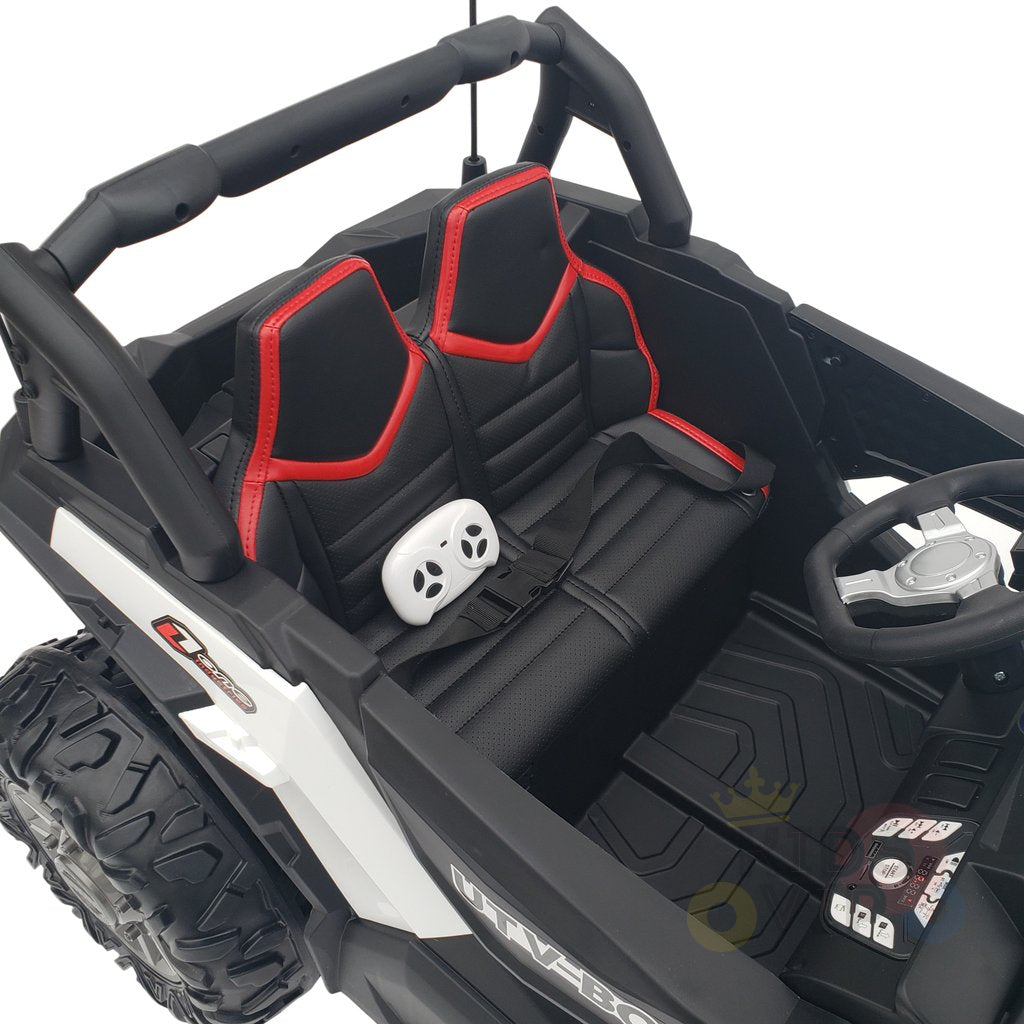 The ARMY/Green 2 Seats UTV Adventure Complete Edition 24V Kids Ride On UTV features leather seats with detailed stitching, sporty looks, large rugged wheels, and a parental remote. It offers realistic seating and steering for an authentic kids adventure.