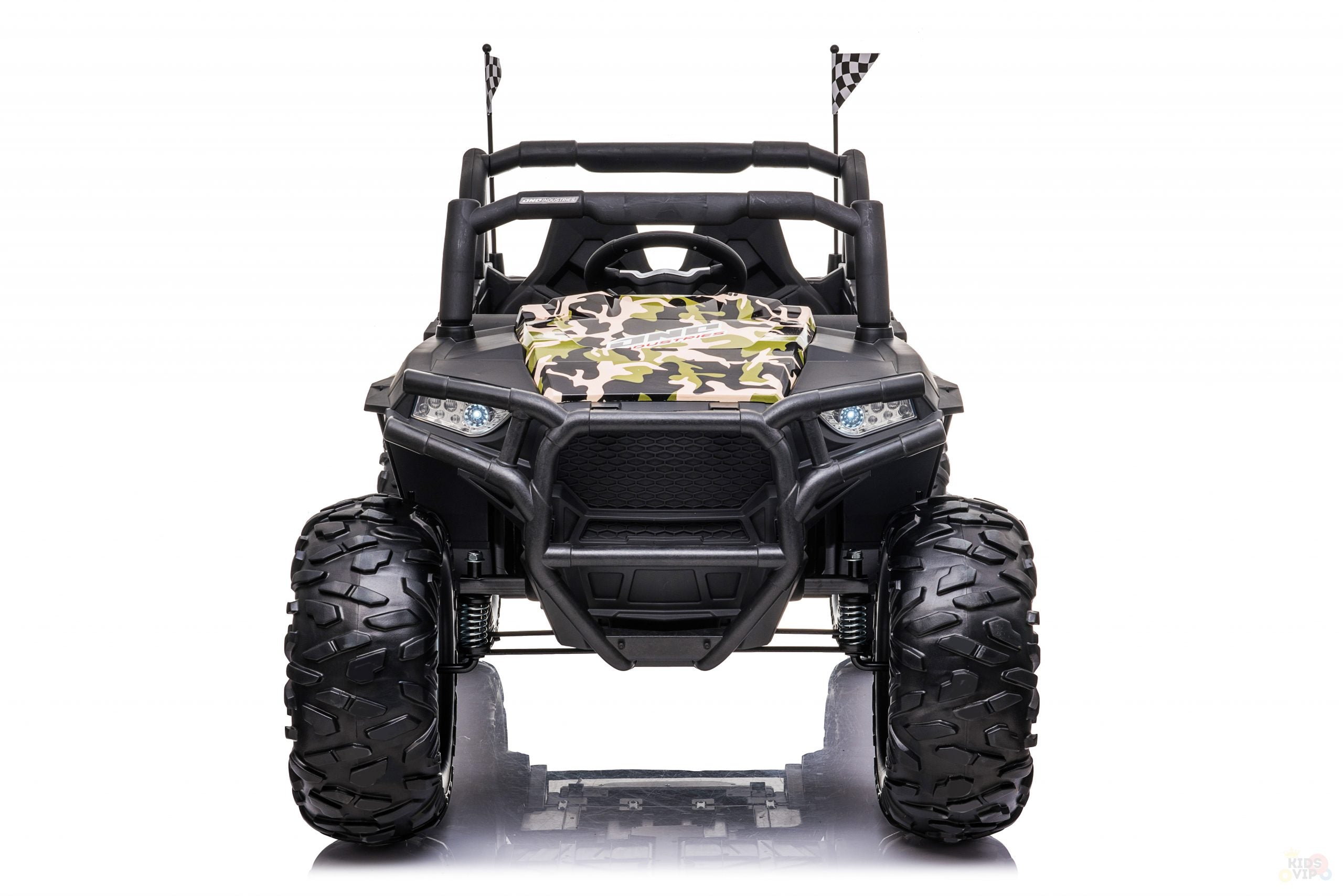 The ARMY/Green 2 Seats UTV Adventure Complete Edition 24V Kids Ride On UTV with RC features a child-sized vehicle with oversized tires, a camouflage exterior, two checkered flags, a plush leather seat for comfort, and parental remote control for safety and fun.