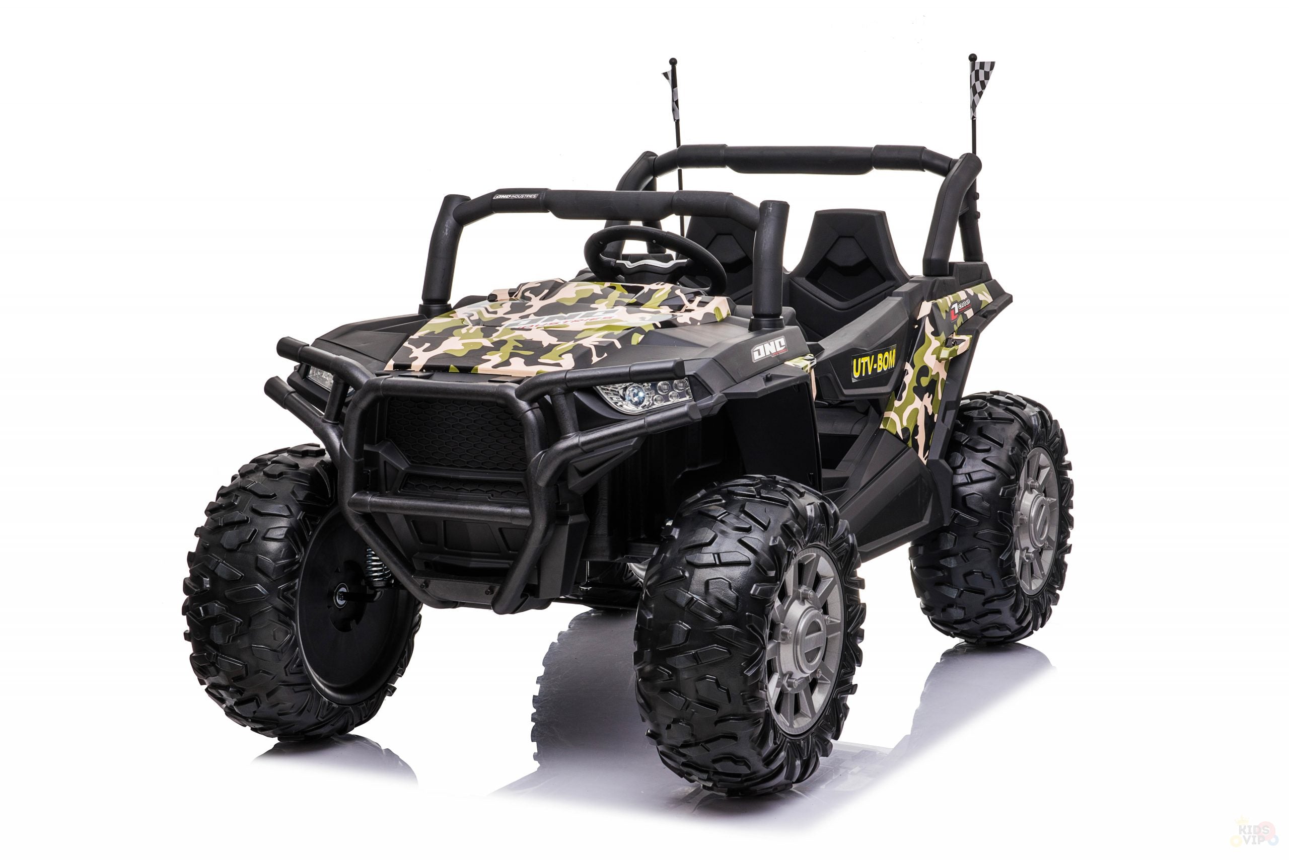 The ARMY/Green 2 Seats UTV Adventure Complete Edition is a 24V ride-on toy car featuring a camouflage design and rugged tires. It includes a roll cage, black detailing, a leather seat for comfort, and a parental remote for added safety.
