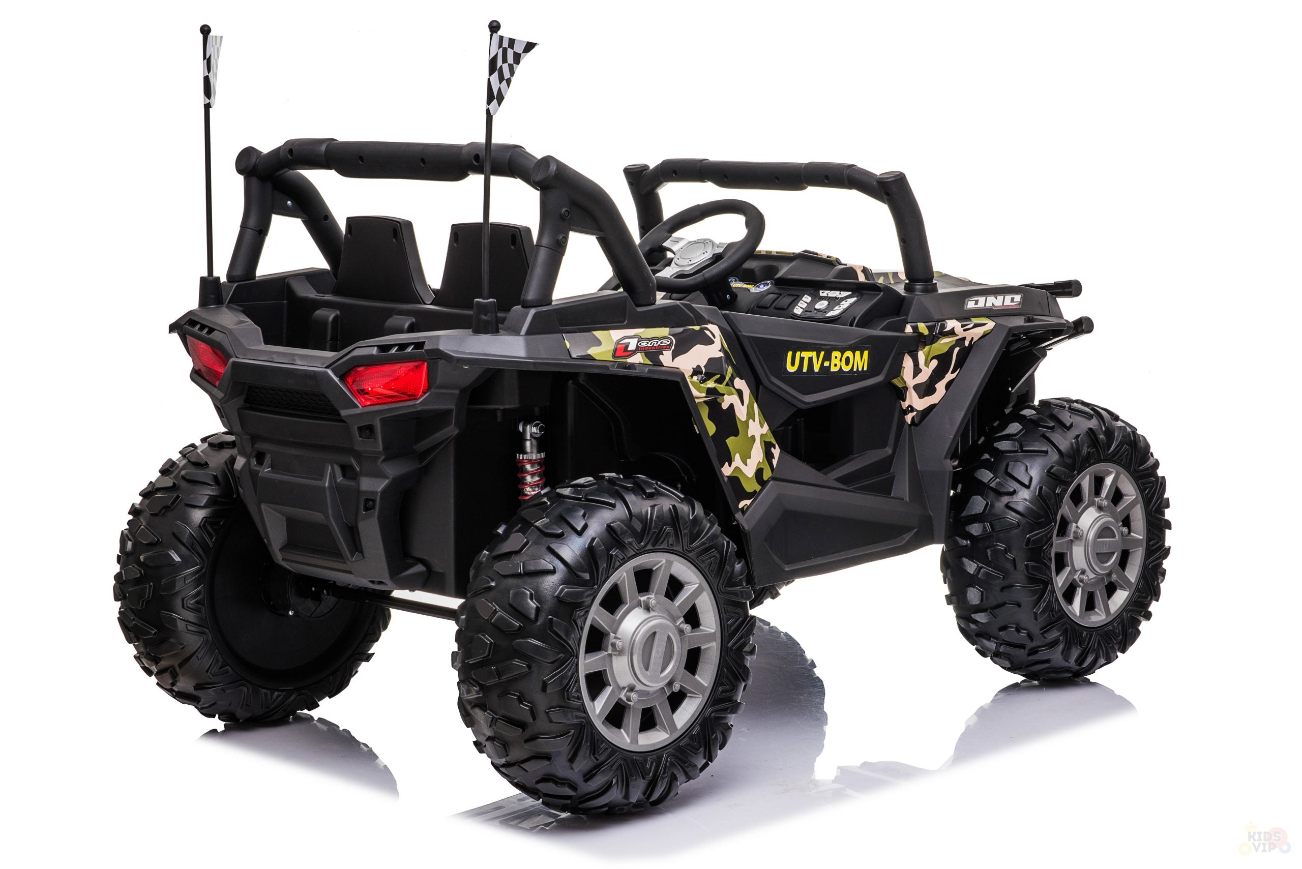 The ARMY/Green 2 Seats UTV Adventure Complete Edition 24V Kids Ride On UTV features oversized wheels, camouflage accents, leather seats, roll bars, steering wheel, rear suspension springs, and two checkered flag antennas. Parents can safely control it with the included remote.