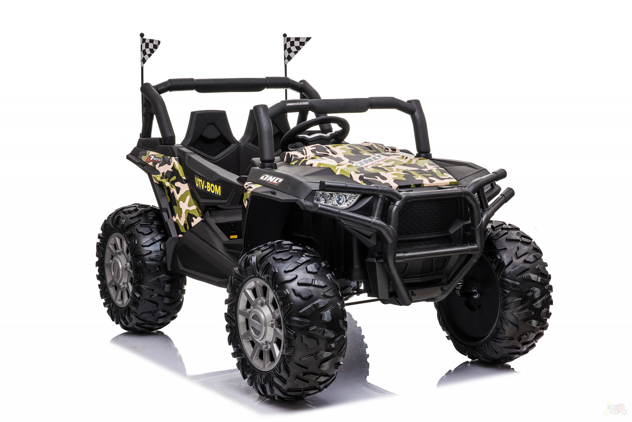 The ARMY/Green 2 Seats UTV Adventure Complete Edition 24V Kids Ride On UTV with RC is a childrens all-terrain toy vehicle featuring large black wheels, a camouflage design, and dual checkered rear flags. It includes a luxurious leather seat for added comfort during adventures.