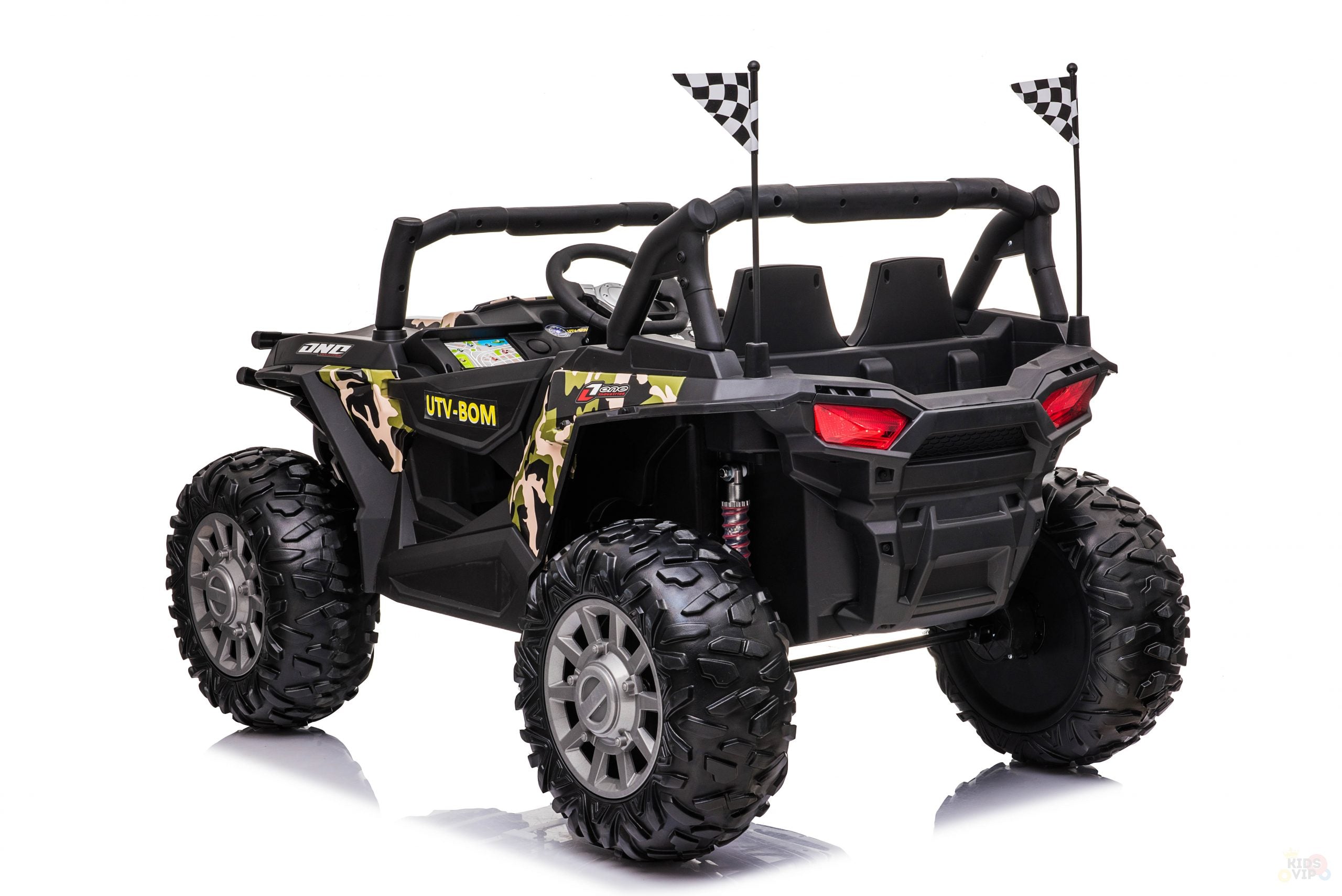 The ARMY/Green 2 Seats UTV Adventure Complete Edition is a 24V Kids Ride On off-road vehicle with rugged tires, dual leather seats, camouflage accents, and checkered flags. Comes with an RC for parental control.