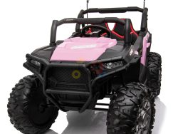 The Pink 2 Seats UTV Adventure Complete Edition 24V Kids Ride On UTV with RC features a detailed front grille, large tires, and flag poles, all set against a plain white background.